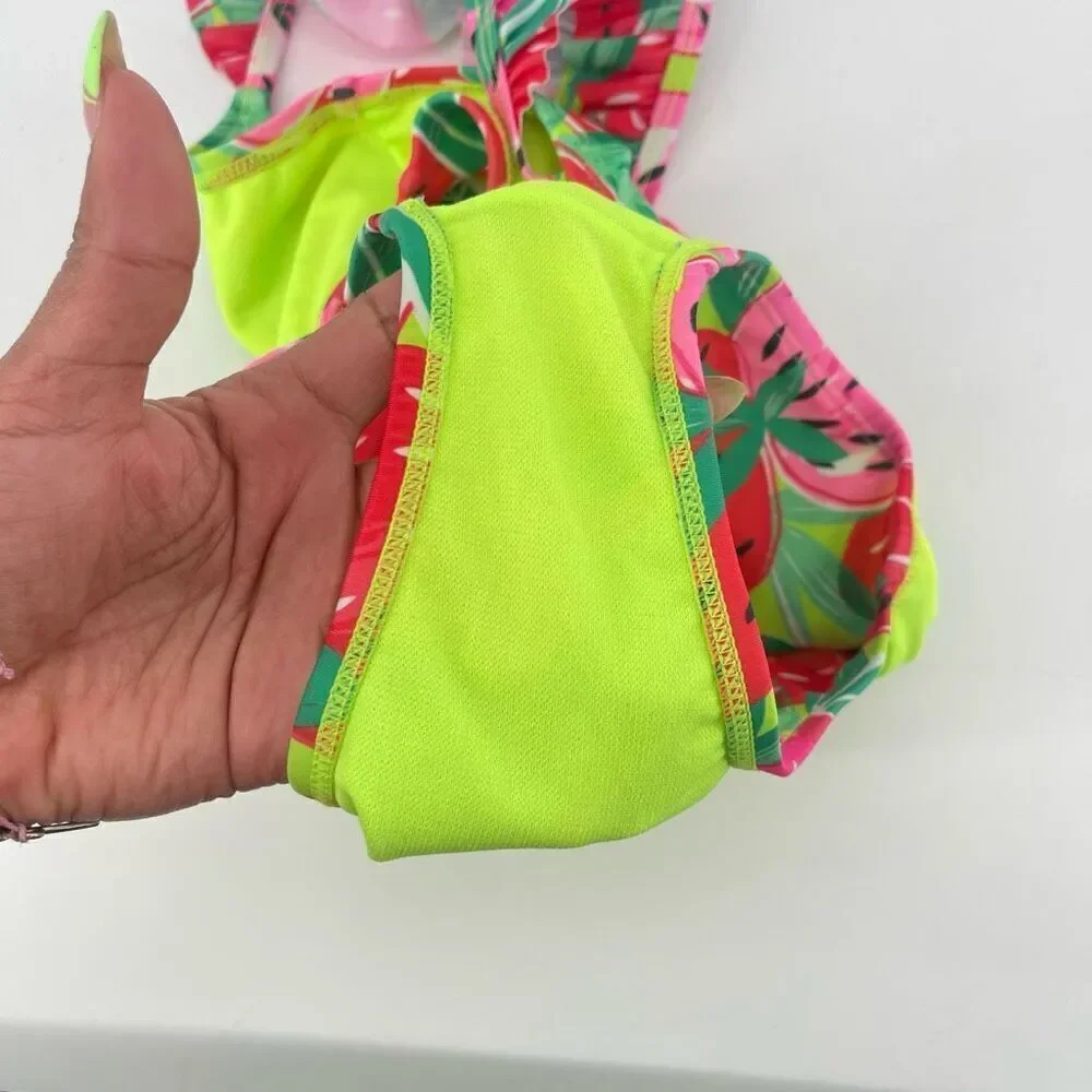Cat & Jack Girls Pink Sweet Strawberry Print Ruffle Strap Cutout Swimsuit XS 4/5